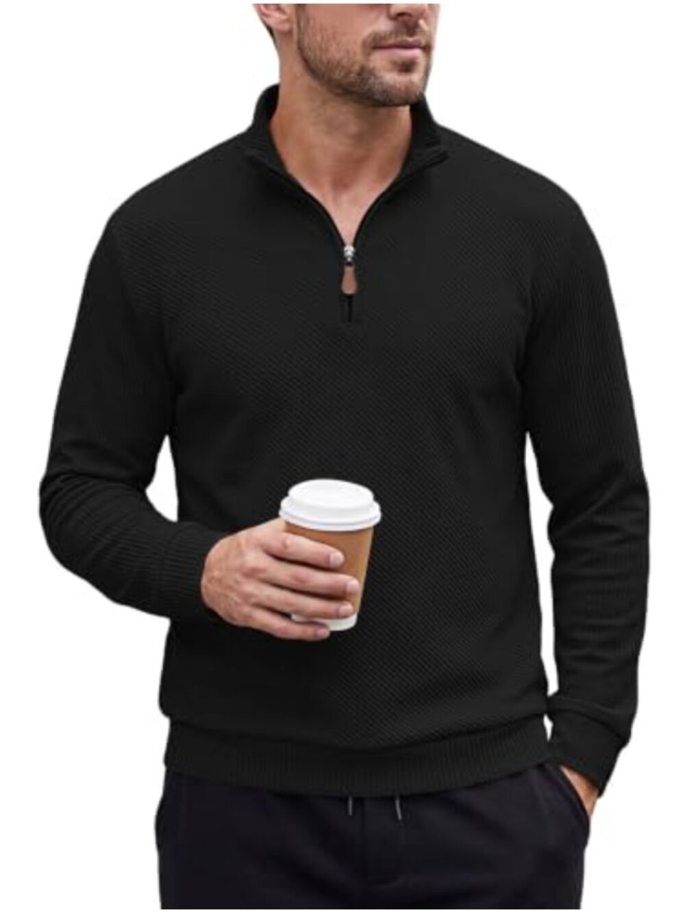Men's Quarter Zip Textured Sweatshirt Polo Collar Ribbed Pullover